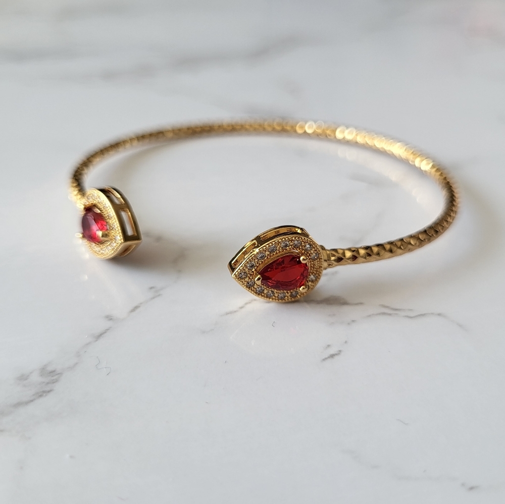 24K Gold Plated Ruby Red teat Adjustable Cuff Bracelet